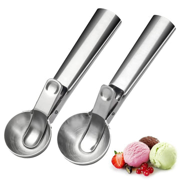 Two stainless steel ice cream scoops with triggers and comfortable handles, ideal for serving ice cream or baby food.