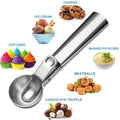 Two portable stainless steel ice cream scoops with trigger handles, ideal for baby and kids feeding, by Everything Baby.