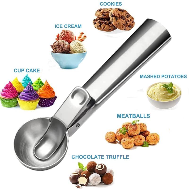 Two portable stainless steel ice cream scoops with trigger handles, ideal for baby and kids feeding, by Everything Baby.
