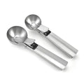 Two portable stainless steel ice cream scoops with trigger handles, ideal for easy serving of ice cream and desserts.