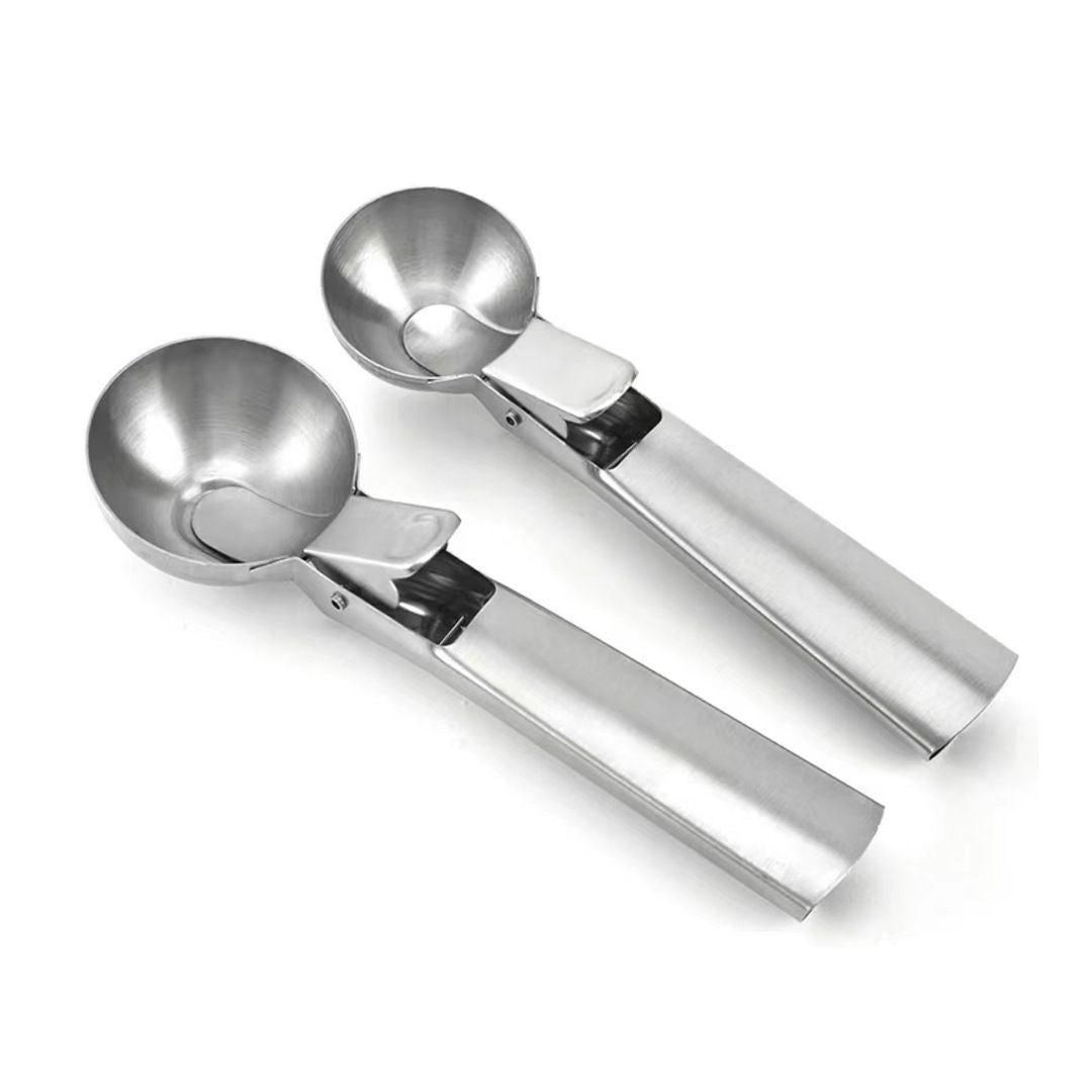 Two portable stainless steel ice cream scoops with trigger handles, ideal for easy serving of ice cream and desserts.