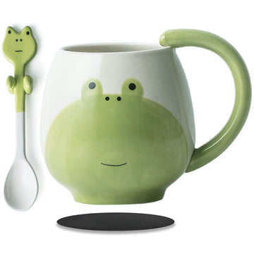 Cute Frog Coffe Mug with Spoon Frog Print Stuff Gifts Ceramic Tea Coffee Cup Frog Mugs Funny 3D Animal Frog Mug Birthday Gifts