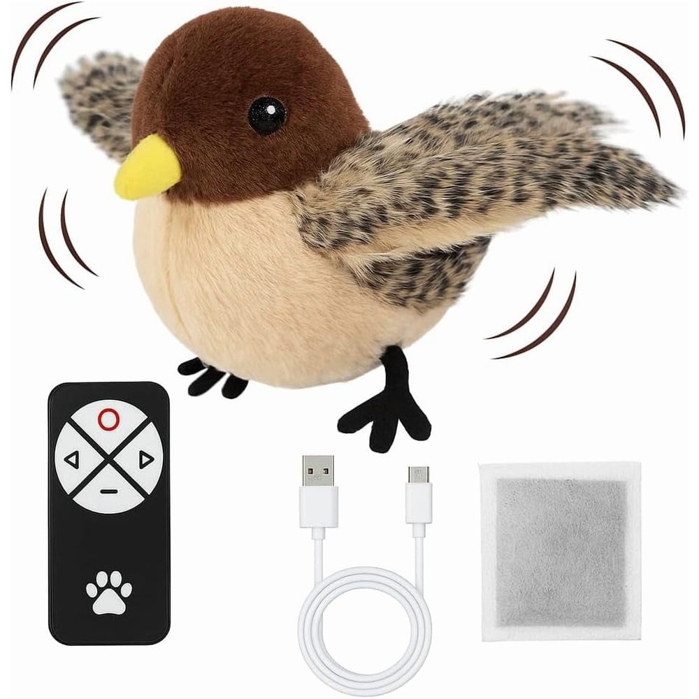 Interactive Flying Bird Cat Toy with real feathers, chirping sounds, USB recharge, remote control for indoor cats, from Everything Baby.