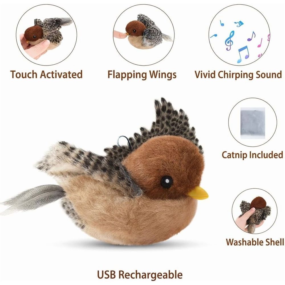 Flying Bird Cat Toy with feathers and chirping sounds, USB rechargeable remote control for indoor cats, from Everything Baby.