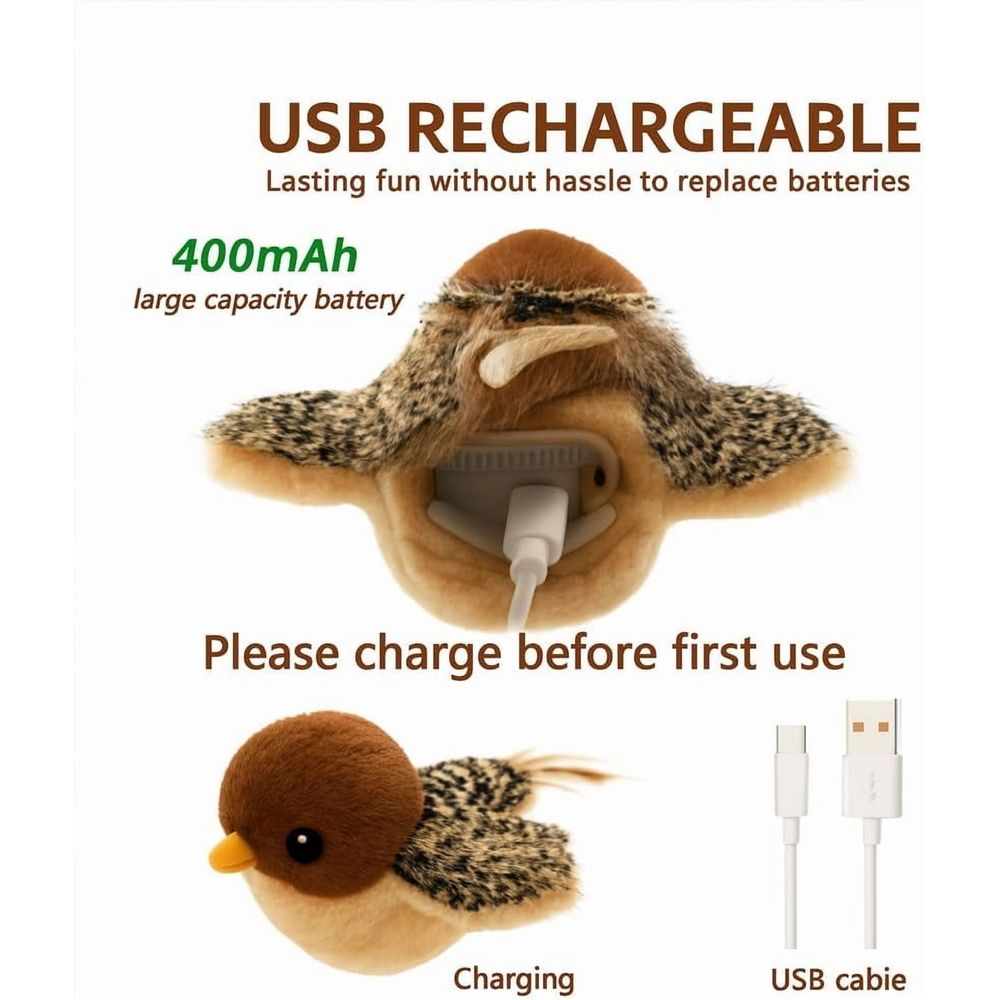 Flying Bird Cat Toy with real feathers, chirping sounds, USB rechargeable, remote control, designed for indoor cats.