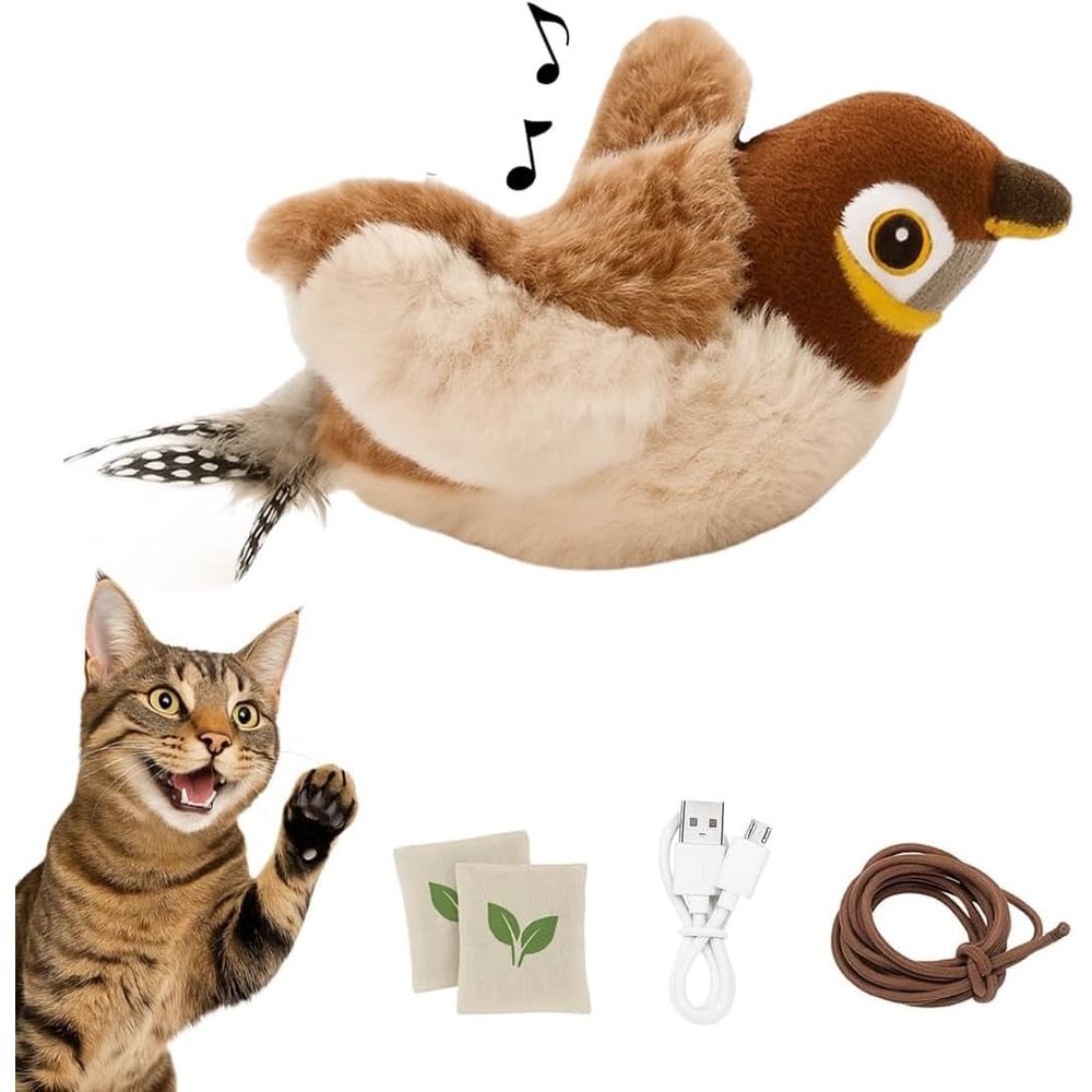 Flying Bird Cat Toy by Everything Baby, rechargeable flapping bird with chirping sounds and touch activation for indoor cats and kittens.