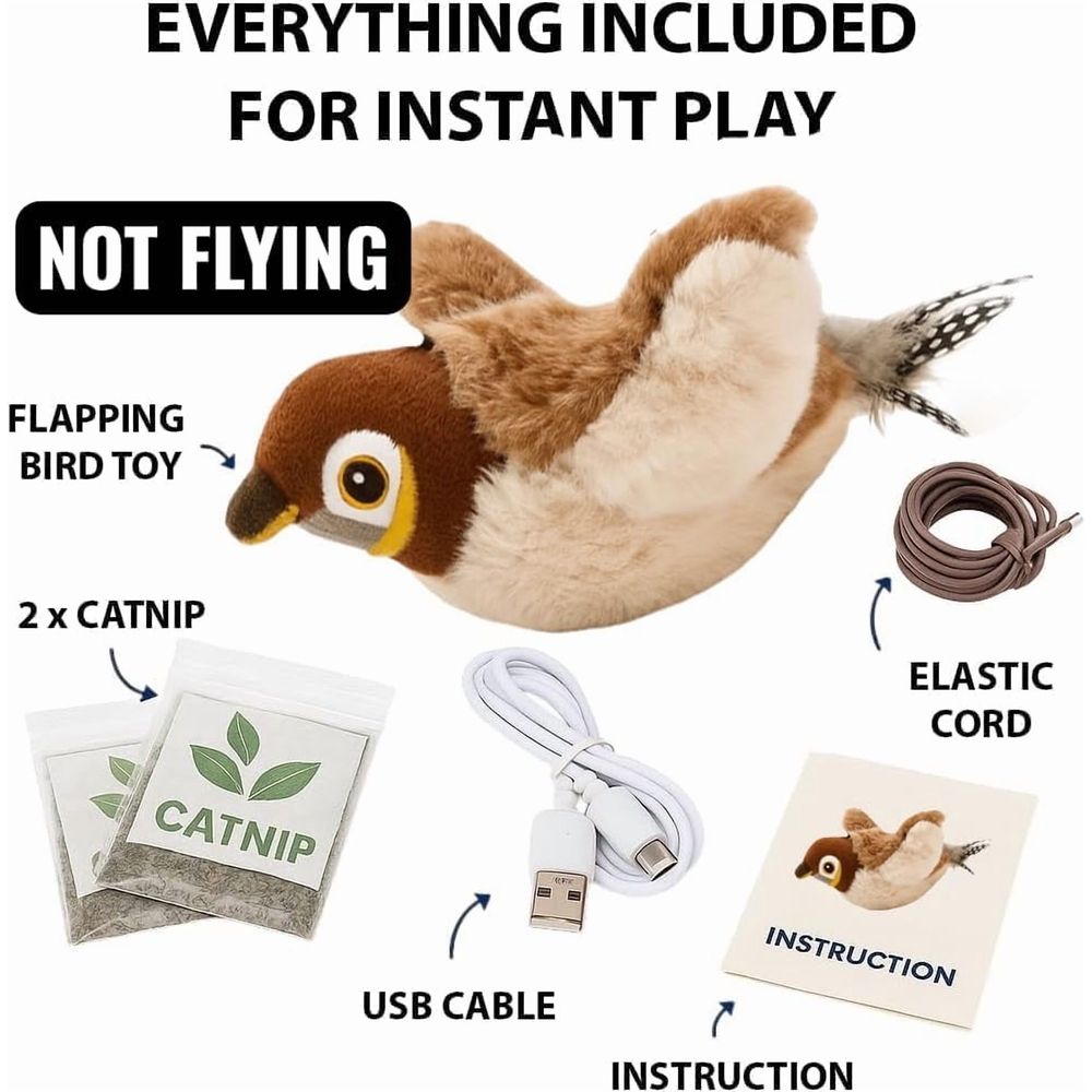 Rechargeable flapping bird cat toy with chirping sounds, touch activation, and catnip for indoor cats and kittens.
