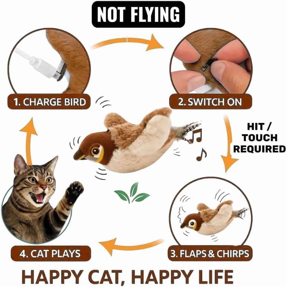Flying Bird Cat Toy by Everything Baby, rechargeable flapping sparrow with chirping sounds and touch activation for indoor cats and kittens.