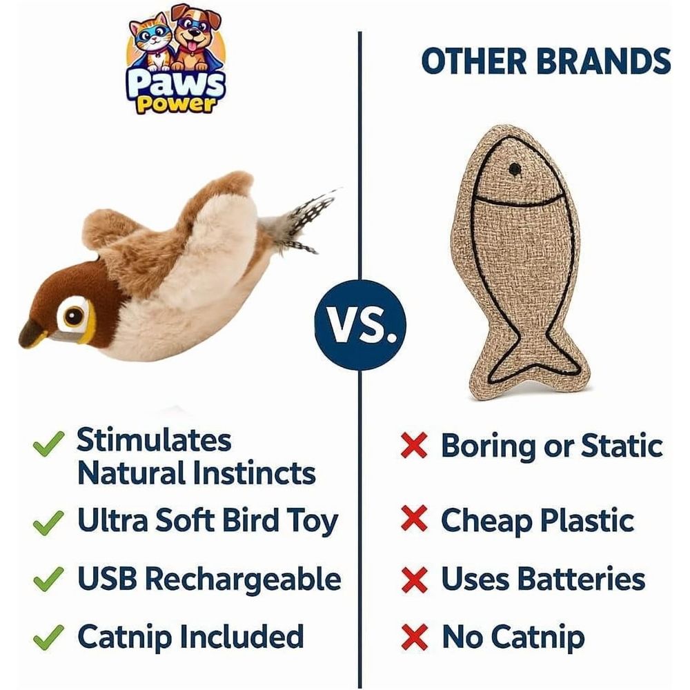 Flying Bird Cat Toy by Everything Baby showing a rechargeable flapping bird with chirping sounds and touch activation for indoor cats.