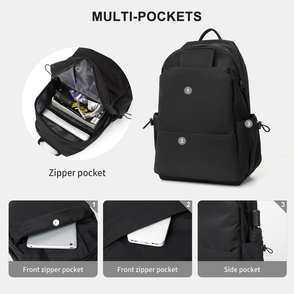 Black unisex lightweight water-resistant backpack for kids by Everything Baby, showing the front view with adjustable straps.