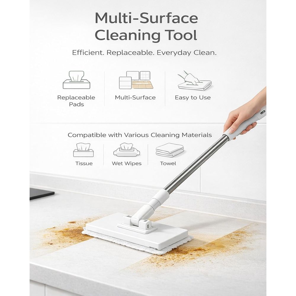 Mini mop from Everything Baby with a long handle and reusable cloth, ideal for small spaces and multi-surface cleaning.