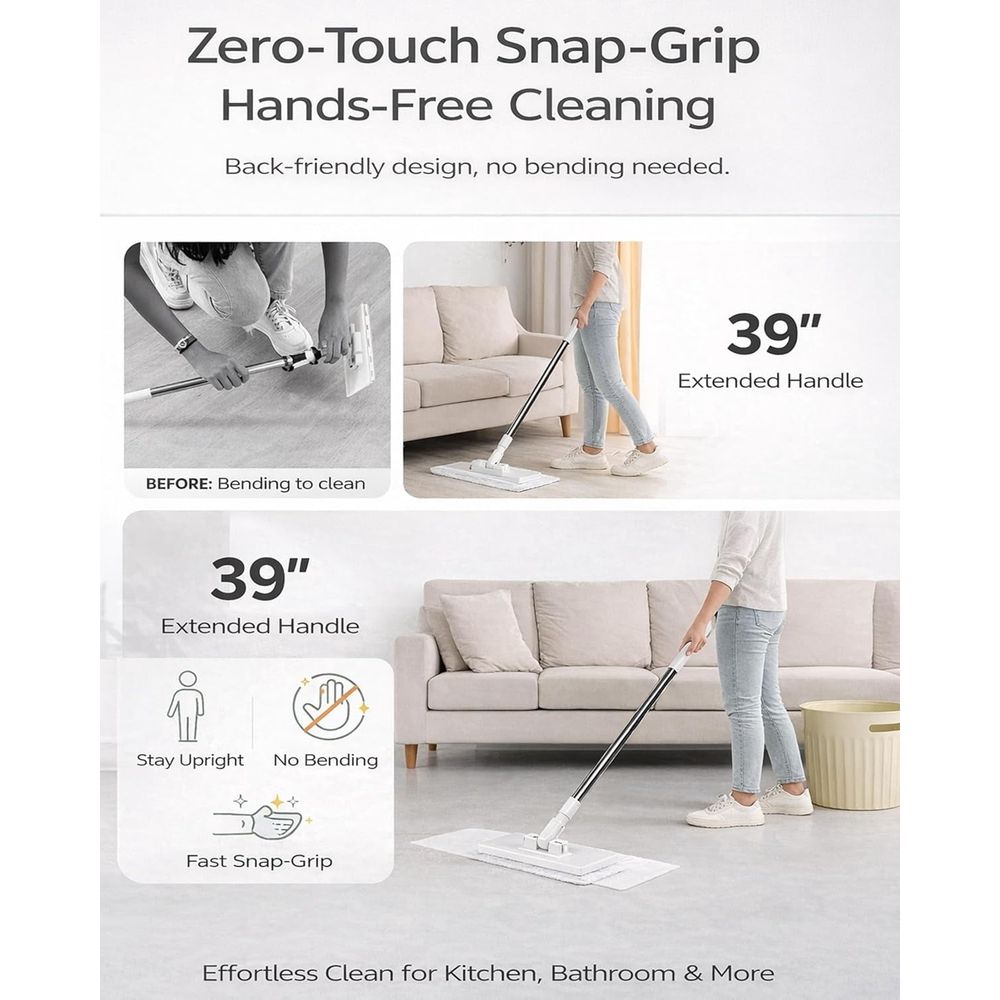 Mini Mop portable self-squeeze mop with 47-inch handle and reusable cloth, designed for small spaces and multi-surface cleaning.