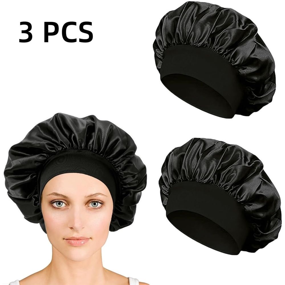 Black satin women's night hair cap with wide band, adjustable for braids and curly long hair, comfortable sleep accessory
