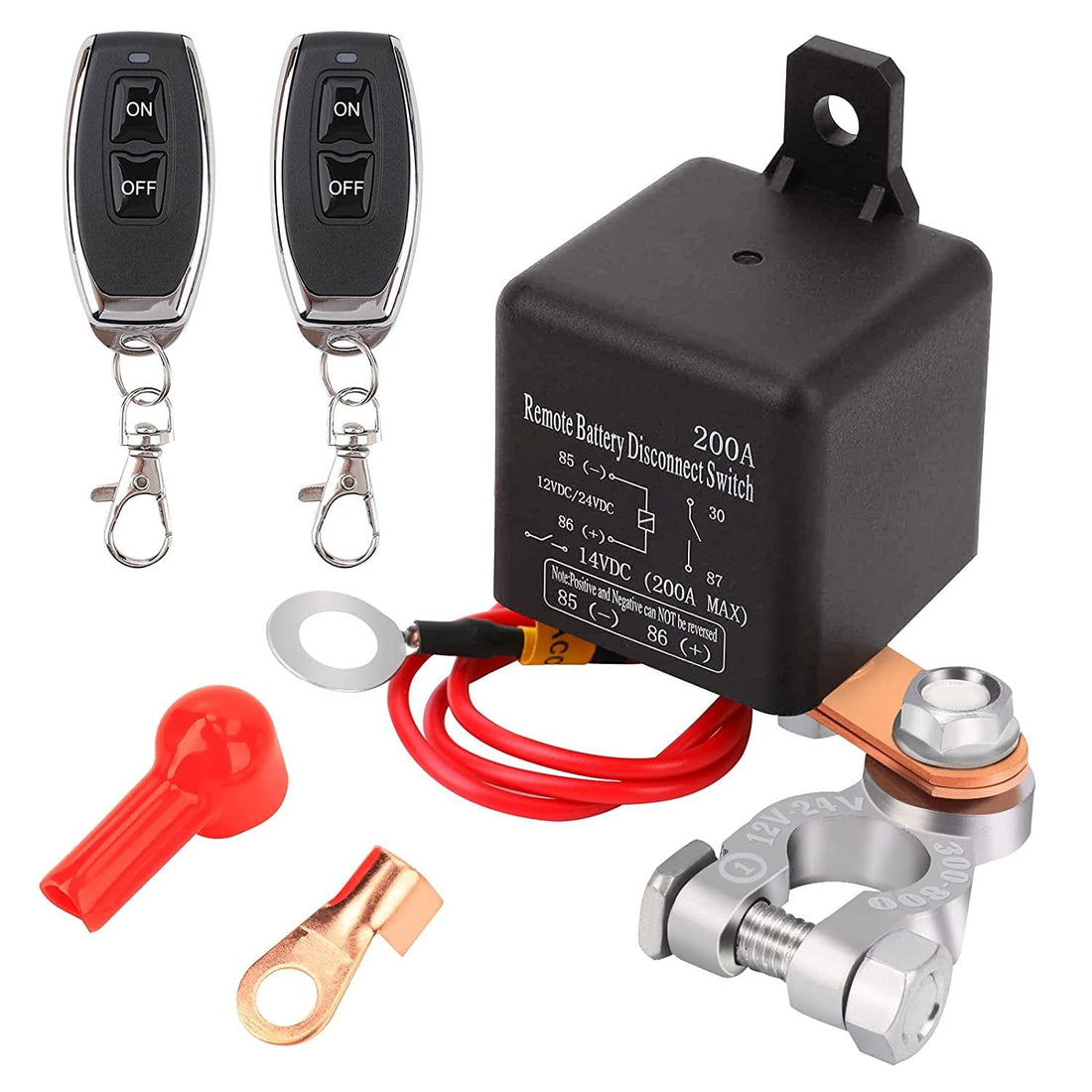 Remote 12V battery disconnect switch for cars and RVs, with remote control and 200A capacity, enhances security and easy battery management.