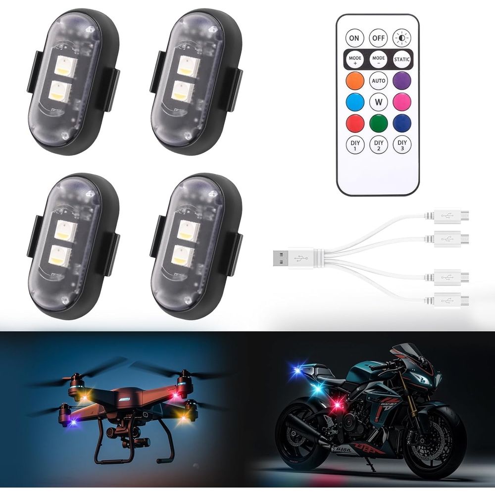 Wireless LED strobe lights for cars and bikes, features 7 colors, waterproof, remote control, high brightness, anti-collision design.