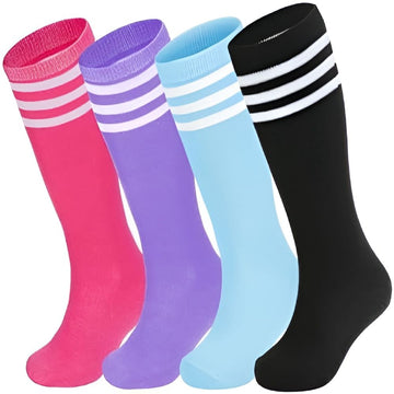 4 Pairs Kids Soccer Socks Baseball Softball Socks Youth Athletic Socks Boys Girls Knee High Socks Blue/Purple/Pink Black 6-9 Years