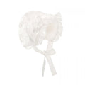 Lacy white baby bonnet hat with eyelet design, suitable for christening or summer protection for newborn girl by Everything Baby.