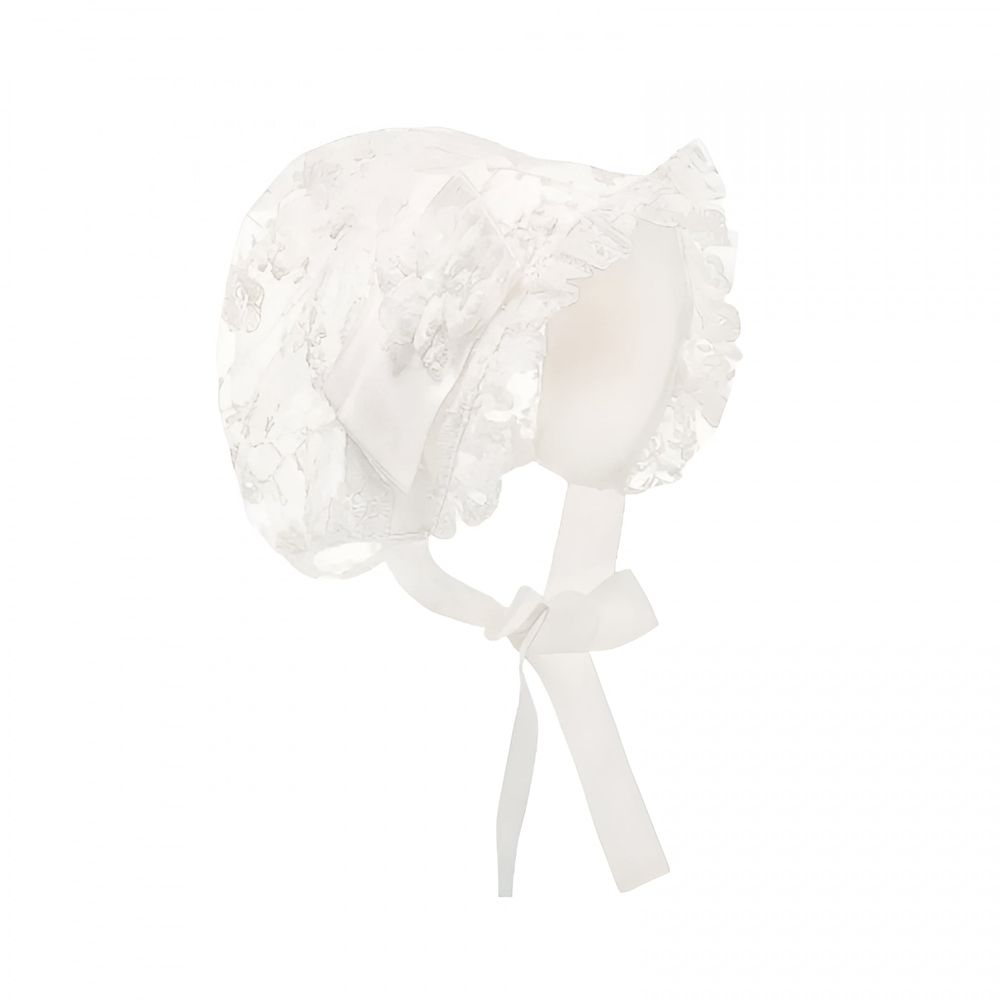 Lacy white baby bonnet hat with eyelet design, suitable for christening or summer protection for newborn girl by Everything Baby.