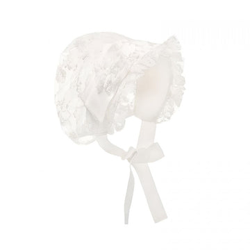 Lacy white baby bonnet hat with eyelet design, suitable for christening or summer protection for newborn girl by Everything Baby.