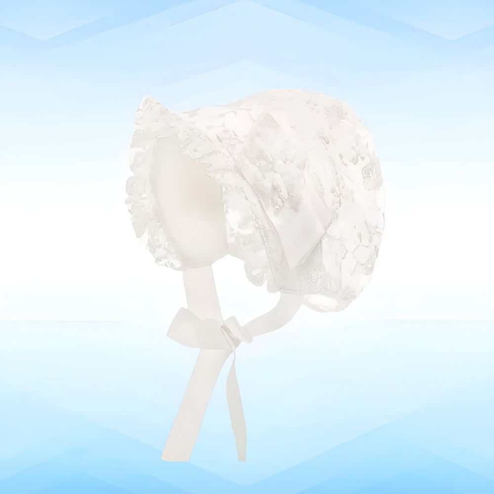 Lacy white baby bonnet hat with eyelet details, suitable for christening, baptism, or summer protection for newborn girls.