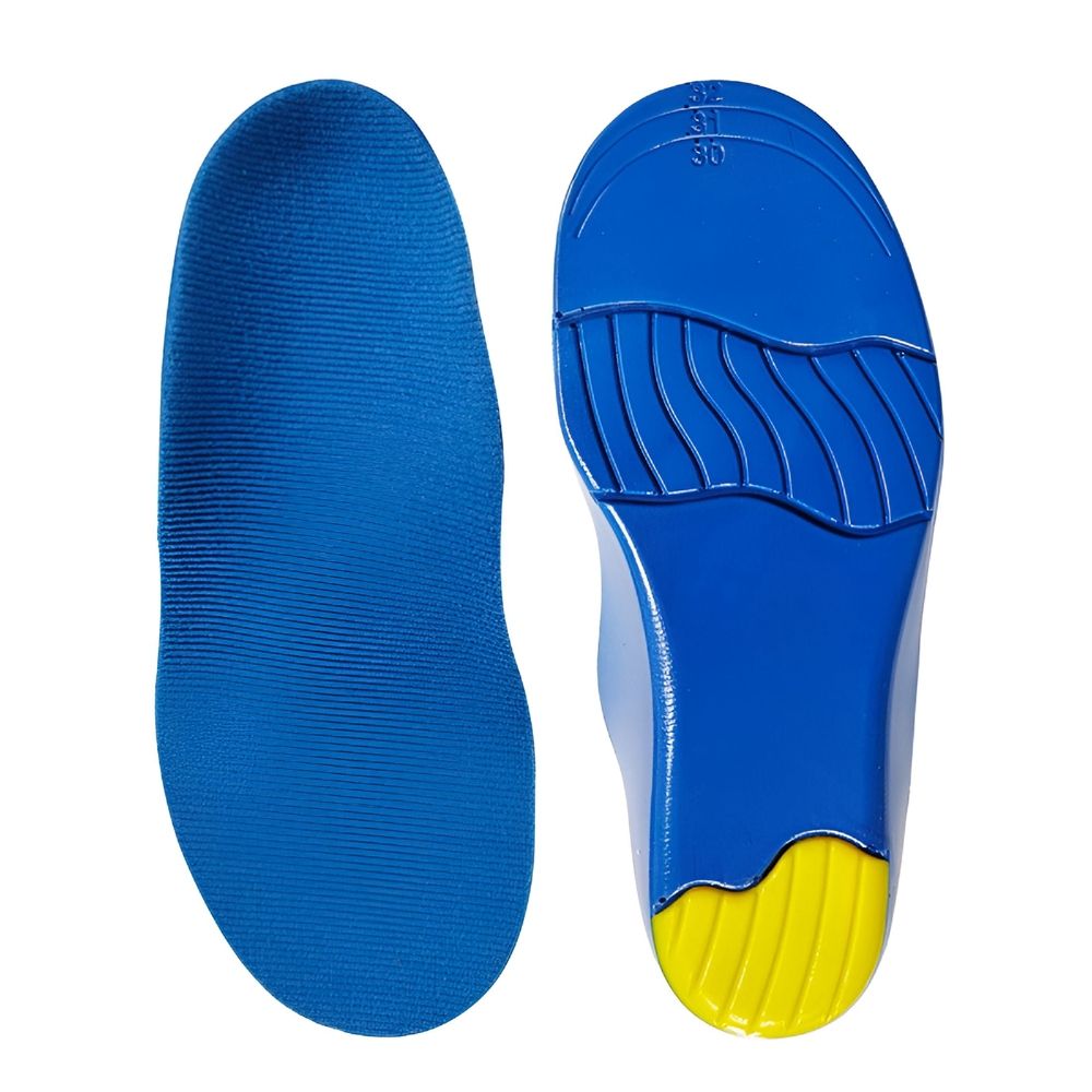 Kids orthotic insoles by Everything Baby designed for flat feet, providing arch support and foot correction for children's sports shoes.