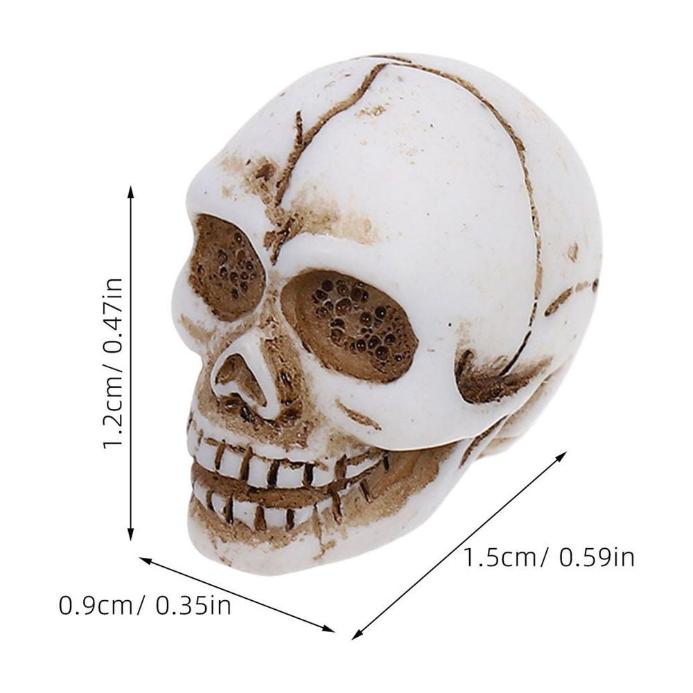 Mini resin skull head figurine for Halloween, decorative desktop art piece from Everything Baby, suitable for home decor or play.