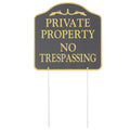Black metal no trespassing sign with stake for outdoor yard and garden security, designed for outdoor safety and boundary marking.