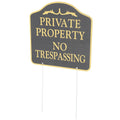 Black metal no trespassing sign on stake for yard and garden security, suitable for outdoor use.