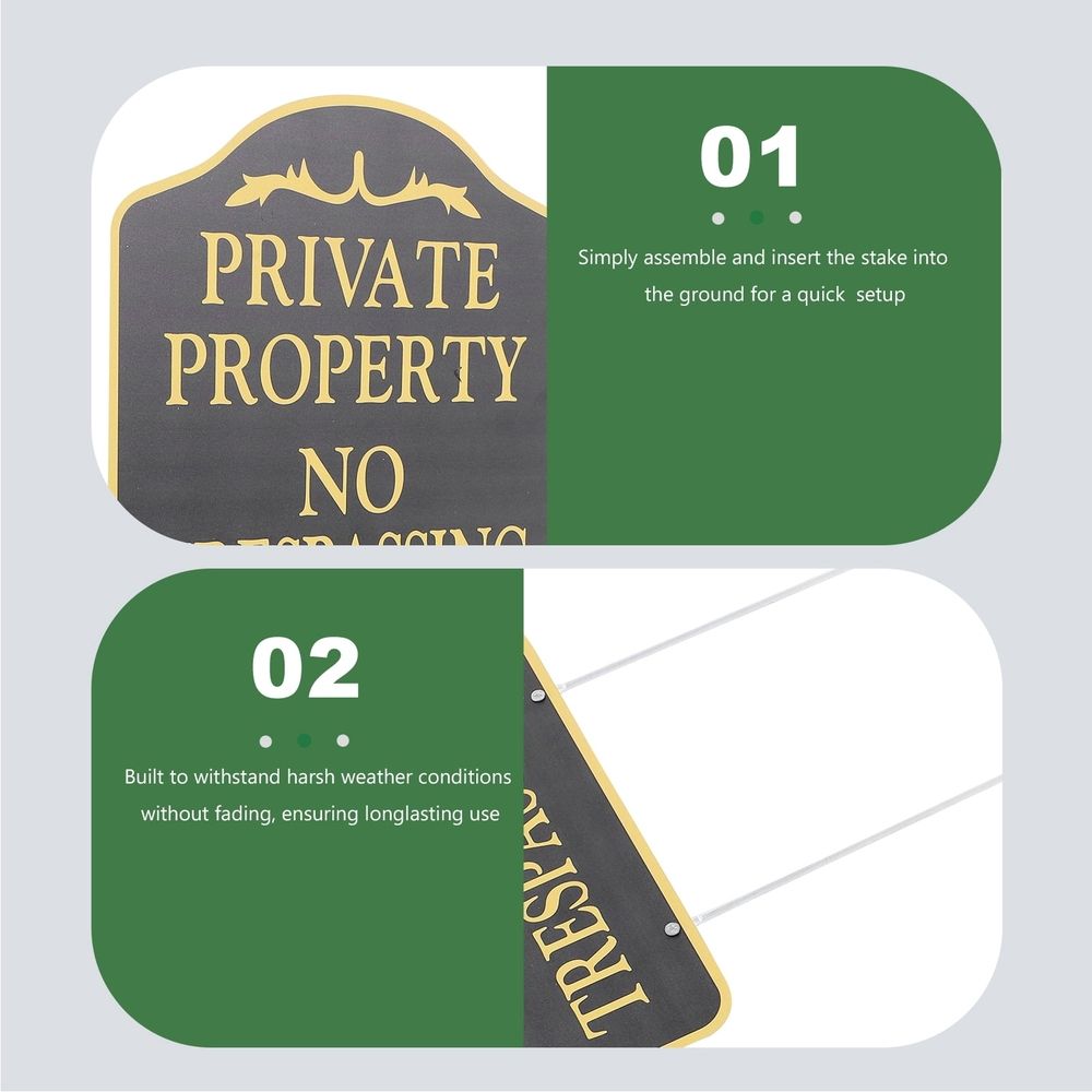 Black metal no trespassing sign with stake for yard and garden security, designed for outdoor safety and property protection.