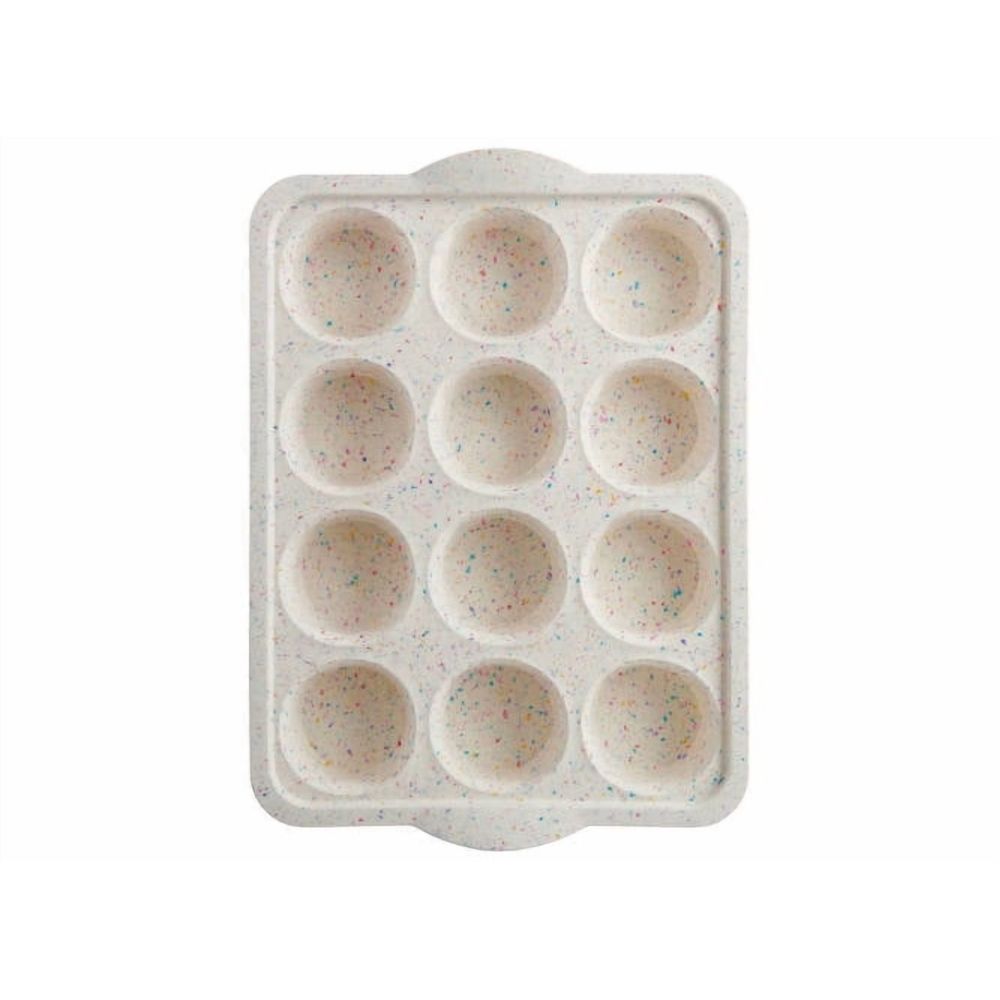 Silicone mini muffin pan with 12 cups, ideal for mini cupcakes, egg bites, and choco bombs, designed for baking and feeding.