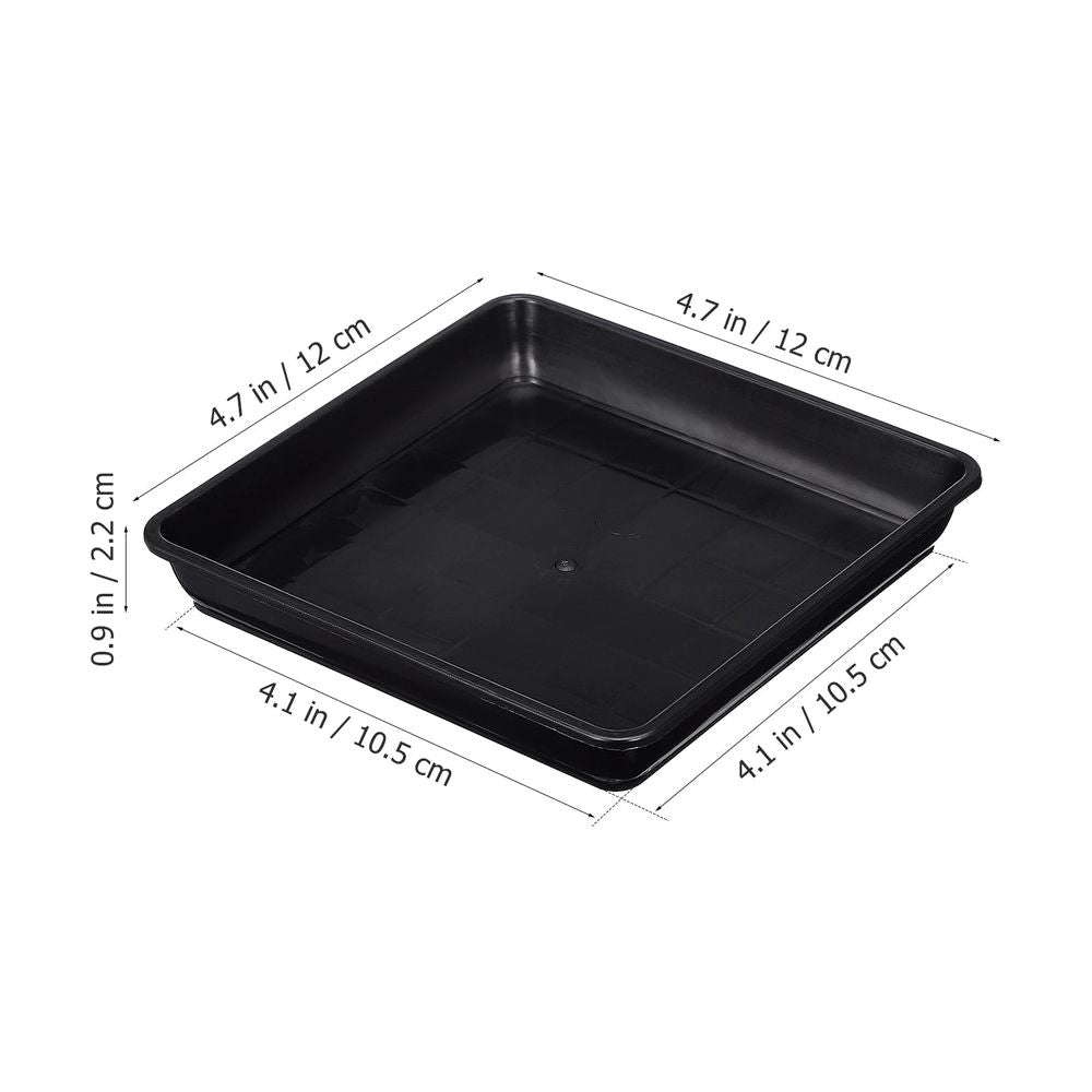 Black plastic square flower pot trays by Everything Baby, ideal for indoor and outdoor planters and pretend play setups.