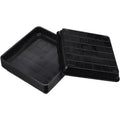 Black plastic square flower pot trays for indoor and outdoor planters, designed for use with toy or decorative flower pots.