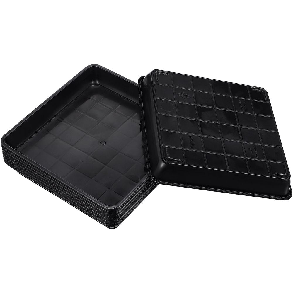 Black plastic square flower pot trays for indoor and outdoor planters, designed for use with toy or decorative flower pots.