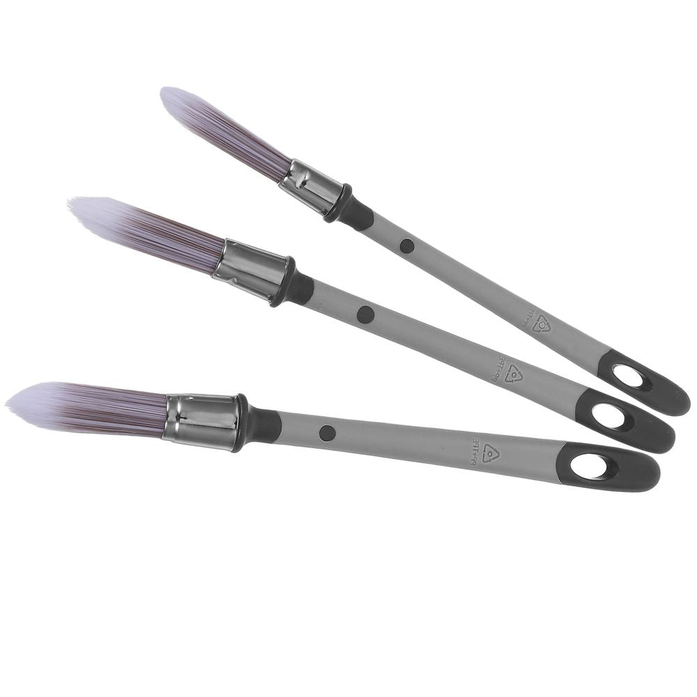 Three grey trim paint brushes with precision tips, ideal for chalk painting, detail work, and craft projects.