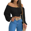 Blue bohemian off-shoulder ruffled backless crop top with lantern sleeves for girls, featuring peony print, size small.