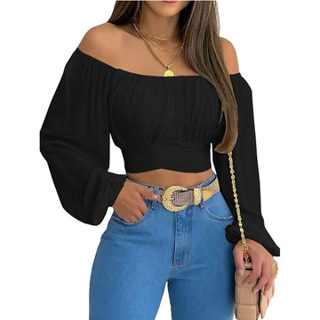 Blue bohemian off-shoulder ruffled backless crop top with lantern sleeves for girls, featuring peony print, size small.