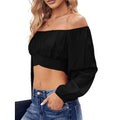 Blue peony print off-shoulder ruffled backless crop top for girls, with lantern sleeves and bohemian style in size S.
