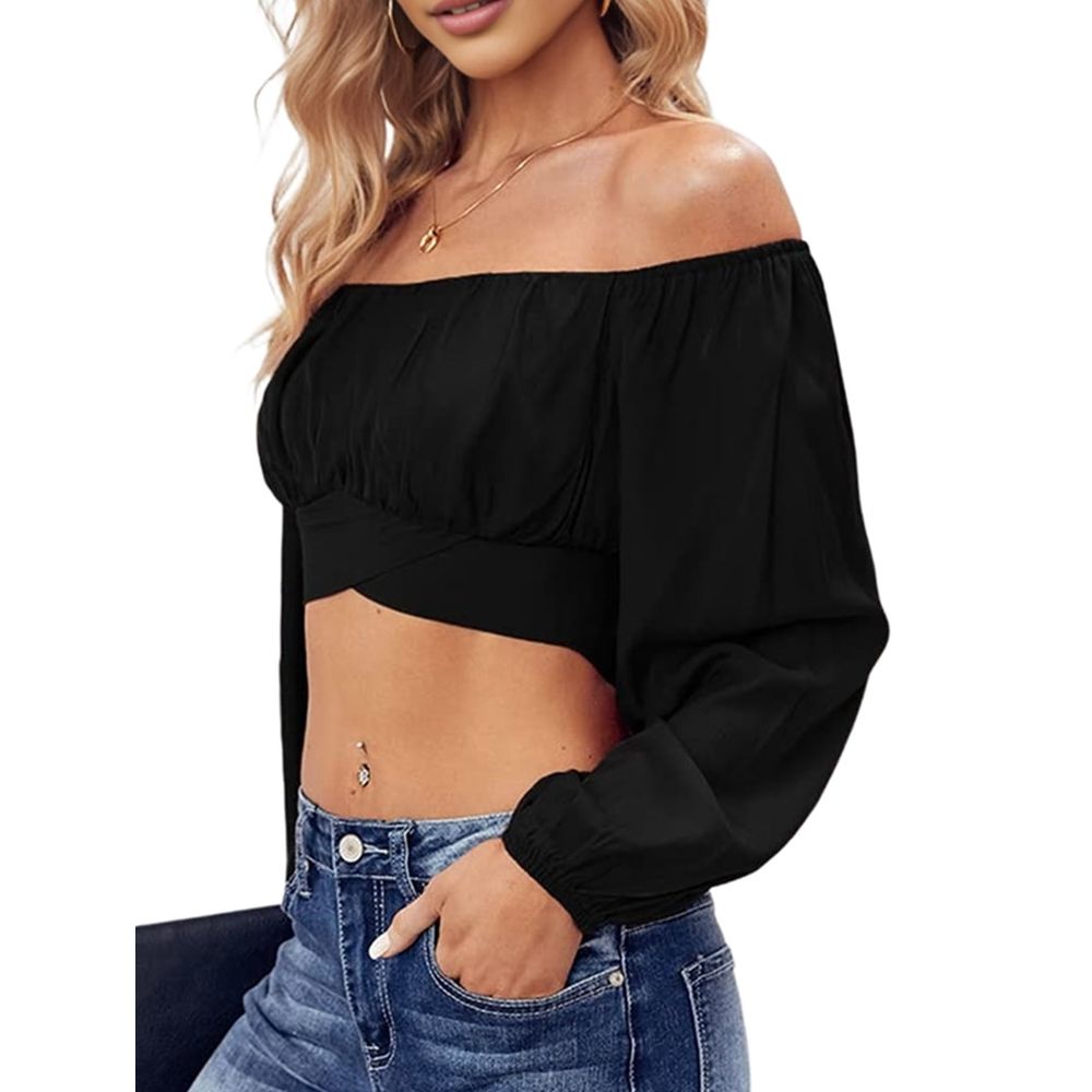 Blue peony print off-shoulder ruffled backless crop top for girls, with lantern sleeves and bohemian style in size S.
