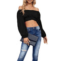 Blue peony print women's off-shoulder ruffled backless crop top with lantern sleeves, bohemian summer shirt in size S.