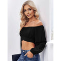 Blue peony print women's off-shoulder ruffled crop top with lantern sleeves, backless design, perfect for summer bohemian style.