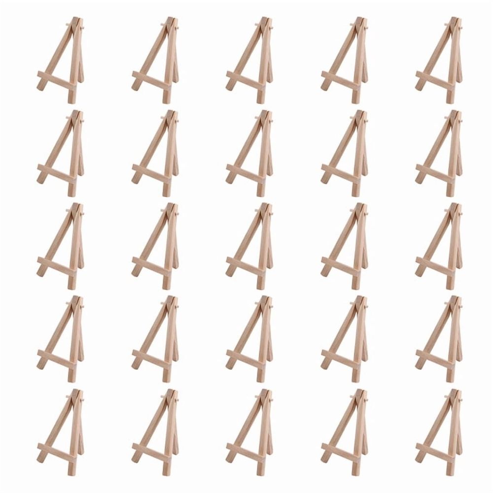 Set of 25 mini 5-inch wooden easels for displaying photos, business cards, jars, perfect for kids' outdoor play and DIY crafts.