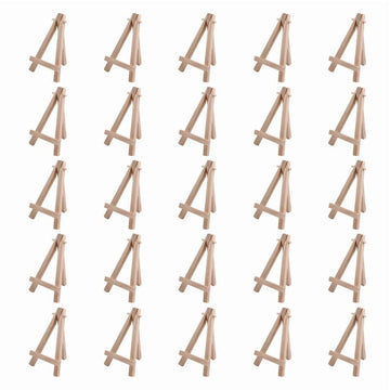 Set of 25 mini 5-inch wooden easels for displaying photos, business cards, jars, perfect for kids' outdoor play and DIY crafts.