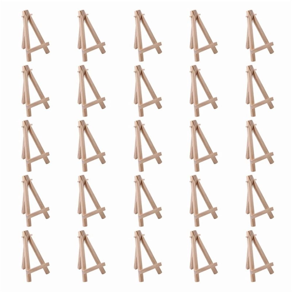 Set of 25 mini 5-inch wooden easels for displaying photos, business cards, or small crafts, ideal for kids' outdoor play.