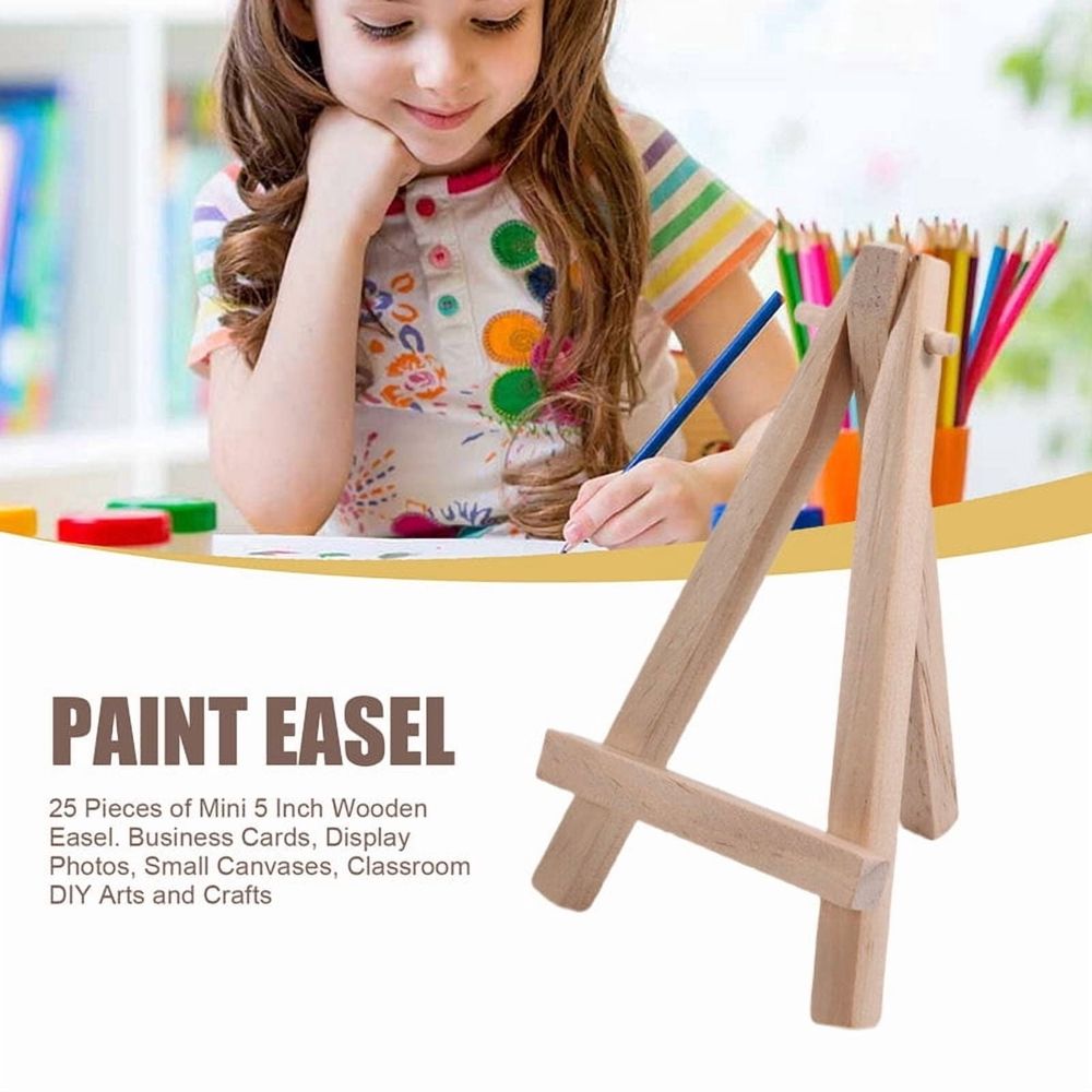 Set of 25 mini 5-inch wooden easels for displaying business cards, photos, small jars, and DIY crafts for kids.