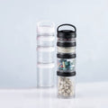Stackable transparent black snack containers for kids and adults, featuring four cups for school and travel, by Everything Baby.