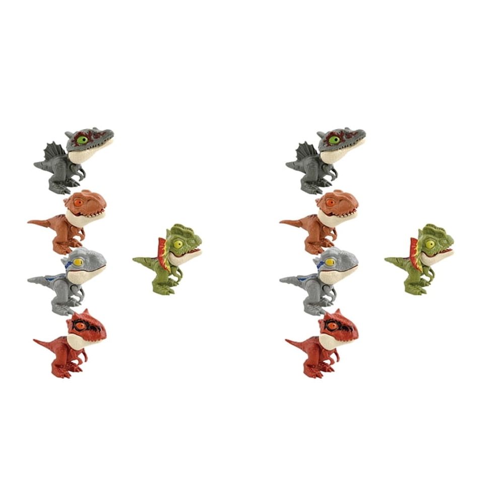 Mini dinosaur toy figures set with finger biting action, ideal for kids' outdoor play and birthday cake toppers.