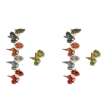 Mini dinosaur toy figures set with finger biting action, ideal for kids' outdoor play and birthday cake toppers.