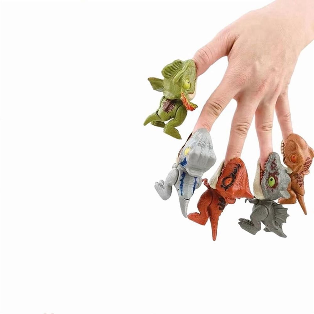 Mini dinosaur toy set with finger biting action for kids, perfect as birthday cake toppers or outdoor play accessories.