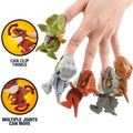 Mini dinosaur finger toys set featuring biting action, perfect for boys and kids' outdoor play, ideal as birthday cake toppers.