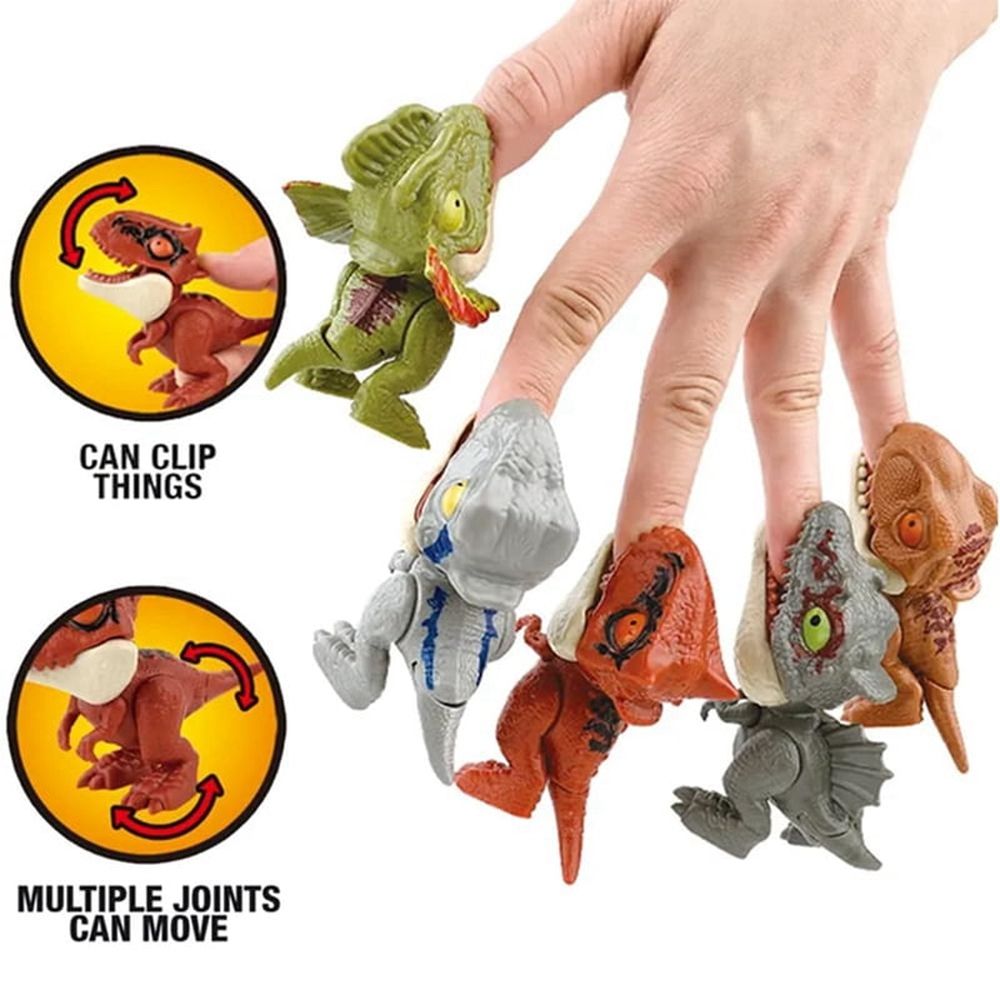 Mini dinosaur finger toys set featuring biting action, perfect for boys and kids' outdoor play, ideal as birthday cake toppers.